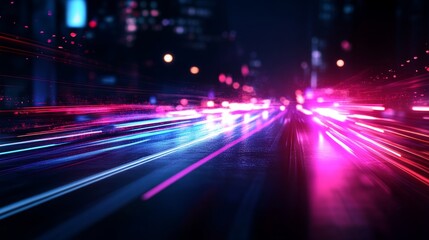 Obraz premium Dash cam view of highway traffic at night, streaming neon lights from passing cars, blurred motion effect, deep blue and purple tones, watercolor illustration, atmospheric