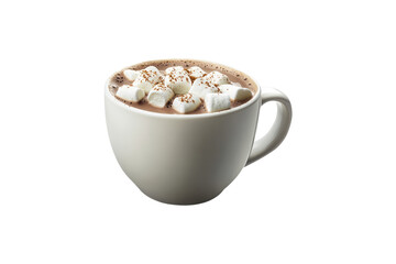 Cup of hot chocolate with marshmallows in white mug on a transparent background