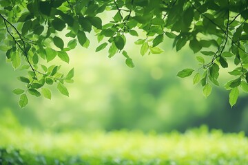 Obraz premium Fresh green leaves framing sunlit blurred forest backdrop