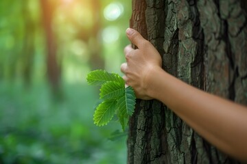 Nature Connection: Hand Touching Tree Trunk in Peaceful Forest Environment