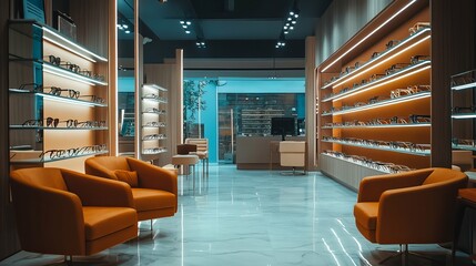 Optician's Shop with Luxury Eyeglass Frames on Shelves