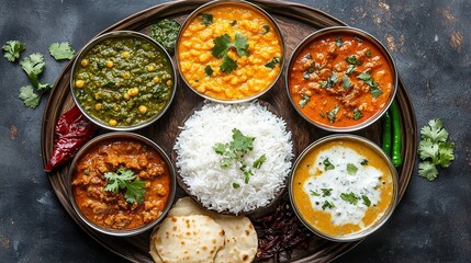 Authentic Indian Thali with Rice and Curries