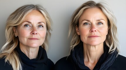 Elderly woman with visible signs of aging, including posture change and loose skin, transforming into a youthful, revitalized version with firm skin