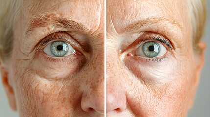 Split-screen of an elderly woman's face aging gracefully into youth, from wrinkles and fine lines to glowing, smooth, dewy skin with a fresh look