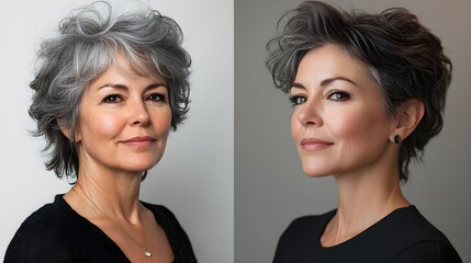 Senior woman with gray thinning hair and age spots, gradually transforming into a youthful version with dark, voluminous hair and radiant, flawless skin