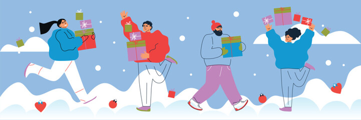 Happy people received presents. Flat cartoon colorful vector illustration. Joyful man and woman celebrate Christmas and hold gifts. Male and Female Characters Prepare for Christmas.	
