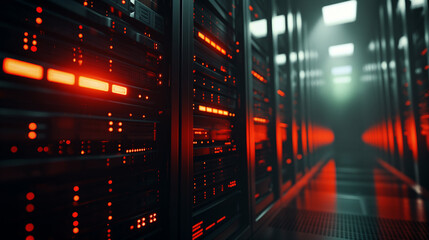 Obraz premium Futuristic Server Room Tech Infrastructure with Glowing Digital Network Connections