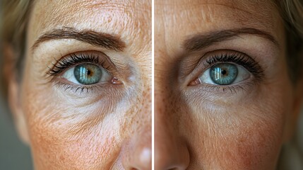 Split-image of a senior woman's face with wrinkles, evolving into a youthful, glowing face with radiant skin, emphasizing skin revitalization