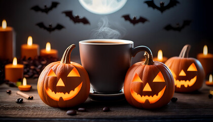 Warm coffee with spooky pumpkins and candles, creating a cozy Halloween atmosphere under the moonlight.
