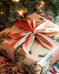 A close-up of a beautifully wrapped Christmas Eve present with a large ribbon, sitting under a decorated tree