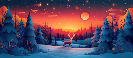 Enchanting winter landscape scene with snow covered forest mountains and a deer silhouette under a starry night sky with glowing aurora lights  Fairytale like serene and peaceful wilderness backdrop