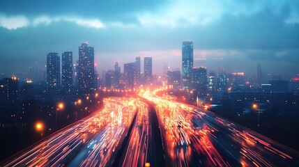 Fototapeta premium Night Cityscape with Light Trails and Urban Skyline