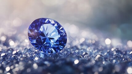 blue sapphire stone illuminated by growing bokeh light background