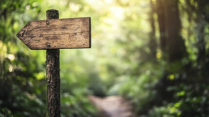 A wooden sign points left in a forest setting.
