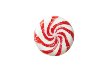 Red and white peppermint candy with swirled pattern on a transparent background