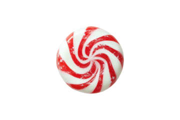 Red and white peppermint candy with swirled pattern on a transparent background
