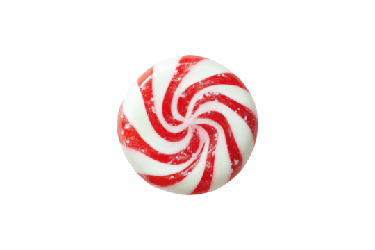 Red and white peppermint candy with swirled pattern on a transparent background