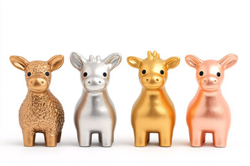 Fototapeta premium Explore the delightful world of uniquely designed animal figurines showcasing vibrant metallic colors. These charming decorations add a playful touch to any space perfect for collectors