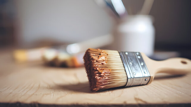 Close-up of a paintbrush on a wooden surface, with blurred painting tools in the background, ideal for DIY and home improvement projects.