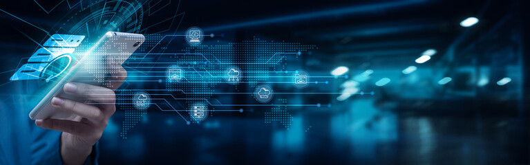 Businessman using smartphone with data backup technology on network connection. Disaster recovery, cloud storage, encryption, incremental backups, differential backups, continuous data protection.