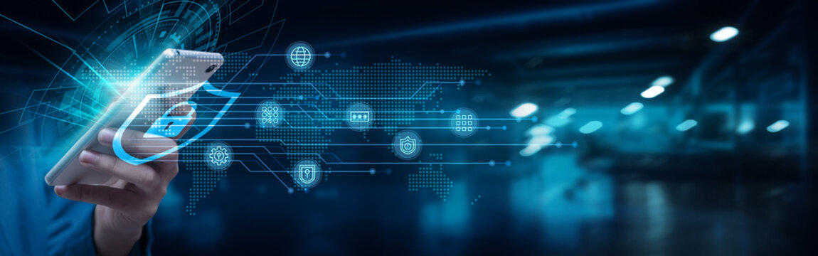 Businessman using smartphone with cybersecurity measures on network connection. Data encryption, firewall protection, antivirus software, secure connections, authentication protocols, technology.