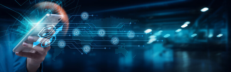 Businessman using smartphone with DeFi applications on network connection. Decentralized finance enables peer-to-peer transactions, smart contracts, financial inclusivity, secure transactions.