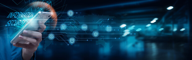 Businessman using smartphone with information security on network connection. Data encryption, firewall protection, antivirus software, multi-factor authentication, secure communication channels.