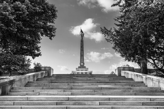 Bratislava, Slovakia: Slavin, hilltop monument and burial ground of Soviet Army soldiers who died in WWII world war two in black and white