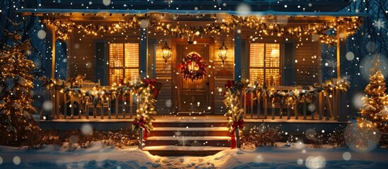 Cozy and inviting Christmas cabin porch with warm twinkling lights glowing lanterns and fresh snow in a winter wonderland landscape  Serene and festive holiday atmosphere