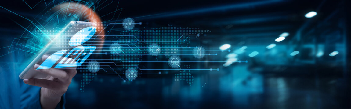 HR. Businessman using smartphone with employee management software on network connection. Recruitment tools, performance analytics, training platforms, employee engagement solutions, HR technology.