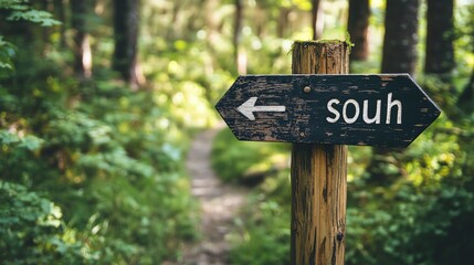 A wooden sign with an arrow pointing towards a path through a forest. The sign reads "SOUH".