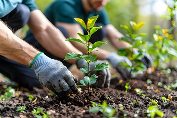 Naklejka premium Community Gardening and Sustainability: Hands Planting Seedlings in Vibrant Soil for Environmental Conservation