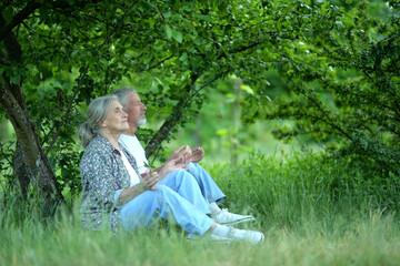 Portrait of senior couple sitting on the grass in the park