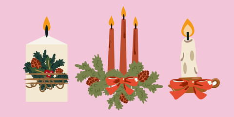 Hand drawn holiday flat vector candles. Christmas and Thanksgiving candles. Decoration for home, holiday, Merry Christmas, and New Year