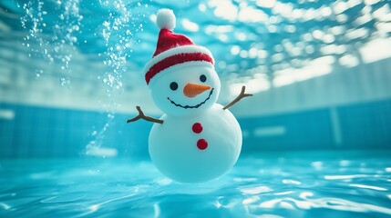 Cheerful snowman with Santa hat floats underwater in a swimming pool.