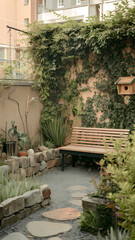 Obraz premium Serene garden space featuring a wooden bench, stone pathway, lush greenery, and a charming birdhouse on a peaceful wall.