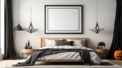 Modern minimalist landscape wall art mockup with bed for Halloween, blank frame for horizontal wall art mockup bedroom, Halloween vibes of the room interior