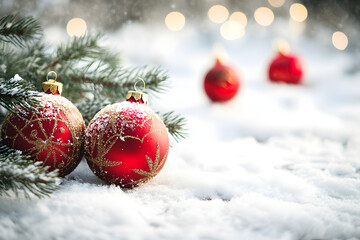 Christmas red decorations on snow with fir tree branches and christmas lights. Winter Decoration Background with copy space for text