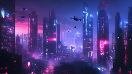 Fototapeta premium Futuristic Cityscape with Drones and Neon Lights