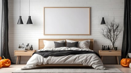 Modern minimalist landscape wall art mockup with bed for Halloween, blank frame for horizontal wall art mockup bedroom, Halloween vibes of the room interior