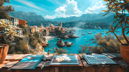 A vision board filled with inspiring travel destinations, featuring images of tropical beaches, bustling cities, and serene mountains, surrounded by motivational quotes about adventure and exploration