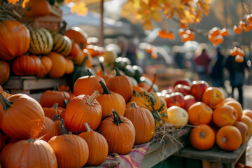Seasonal autumn fair market with bright warm autumn colors, people crowd shopping having fun, Generative AI