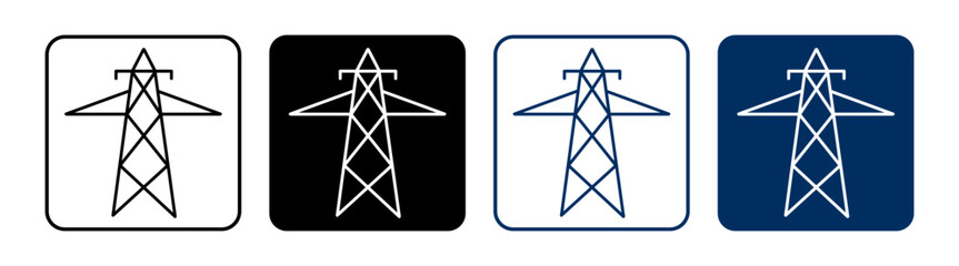 Electric tower icon in filled, thin line, outline and stroke style. Power utility transmission symbol in black and blue color.