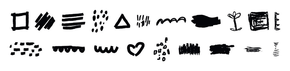Vector set of grunge graphic elements. Street art texture hand drawn pencil underlines and strikethrough, scribble emphasis lines, backgrounds, rough ovals. Each element is united and isolated