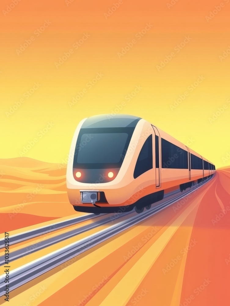 Aufkleber a sleek train moves effortlessly along smooth tracks under a vibrant sunset in a calm desert setting
