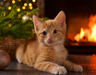 A cute ginger kitten sitting on a beige carpet in front of a fireplace near the christmas tree and gift boxes at Christmas time.