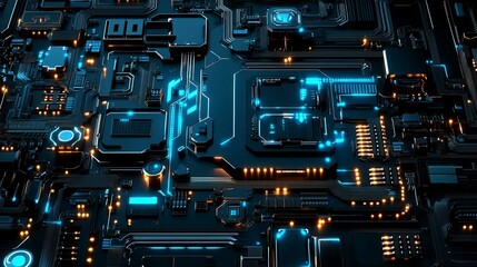 Fototapeta premium A futuristic circuit board design with glowing blue and orange elements, representing technology and innovation.