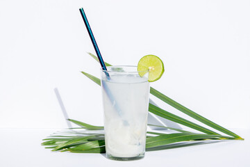 A simple yet vibrant display of coconut water in a coconut shell, accented with a lemon slice on a plain white backdrop.