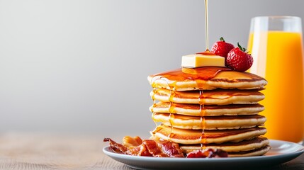 A stack of fluffy American pancakes topped with butter and maple syrup, with a side of bacon and a glass of orange juice.