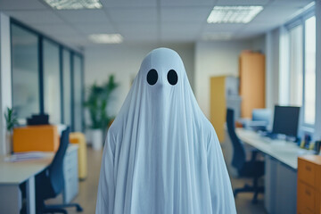 Halloween atmosphere at workstation, corporate party decorated office space, Generative AI